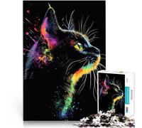 puzzle 1000 pezzi per adulti Gatto nero con schizzi arcobaleno Giocattoli di gioco impegnativi Adatto per la decorazione del desktop 38x26cm