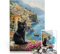 puzzle 1000 pezzi per adulti Gatto nero in riva al mare Difficile da completare ma divertente e umoristico Interazione genitore-figlio 75x50cm
