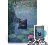 puzzle 1000 pezzi per adulti Gatto nero nelle ninfee Difficile da completare ma divertente e umoristico Regalo di compleanno, regali, arte murale 75x50cm