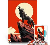 puzzle 1000 pezzi per adulti Illustrazione artistica minimalista del lupo che ulula alla luna nel cielo rosso Difficile e sfidante Regalo divertente 50x70cm