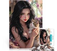 puzzle 1000 pezzi per adulti Ragazza anime con gattino Giocattoli educativi per l'apprendimento Giochi per famiglie Opera d'arte 38x26cm