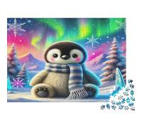 Puzzle 1000 Pezzi Pinguino per Adulti e Bambini | Pinguino vicino all'Aurora nella Neve Decorazione per la Casa Idea 70x50cm