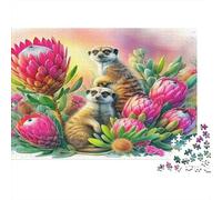 Puzzle 1000 pièces Famille Suricate dans Fleurs, mammifère, couleurs vives, carton recy butants, 52x38cm
