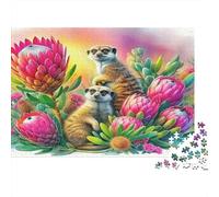 Puzzle 1000 pièces Famille Suricate dans Fleurs, mammifère, puzzle difficile, exercice cérébral, carton recyclé 12+, 38x26cm
