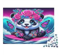 Puzzle 1000 pièces Panda Mignon avec Couronne Florale, art fantastique, décoration murale encadrable, carton épais premium pour famille, 38x26cm