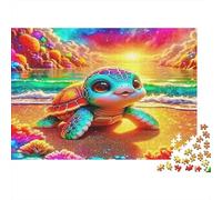 Puzzle 1000 pièces Petite Tortue Mignon au Coucher de Soleil, vie marine, relaxation, concentration, carton épais 14+, 38x26cm
