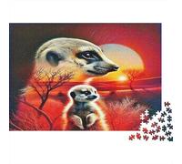 Puzzle 1000 pièces Suricates au Coucher de Soleil Rouge, mammifère, pièces précises emboîtables, couleurs vives, œuvre détaillée adulte, 38x26cm