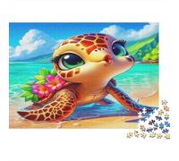 Puzzle 1000 pièces Tortue de Mer Mignonne avec Fleurs, vie marine, exercice cérébral, compétences cognitives, carton premium ado, 70x50cm