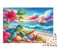 Puzzle 1000 pièces Tortue sur Plage Tropicale, vie marine, pièces durables emboîtables, carton recy adeau adulte, 52x38cm