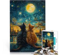 Puzzle 2000 pezzi per adolescenti Gatti innamorati nella notte stellata Giocattoli fai da te con poster abbinato e foglio di quiz 70x100cm