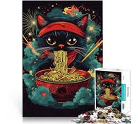Puzzle 2000 pezzi per adolescenti Gatto nero con una bandana rossa che si diverte a mangiare noodles ramen Antistress Sfida difficile Opera d'arte 70x100cm