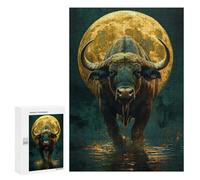 Puzzle 300 PCS Bull Buffalo Africa Under Full Moon Puzzle Per Adolescenti Giochi Rilassanti Sfida Difficile Regali Unici Per Compleanno E Natale 300 PCS