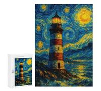 Puzzle 300 PCS Lighthouse Under Starry Night Sky Painting Puzzle Per Adolescenti Giochi Rilassanti Sfida Difficile Regali Unici Per Compleanno E Natale 300 PCS