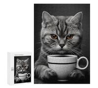 Puzzle 300 PCS Per Adulti Grey Cat with A Coffee Cup Puzzle Per Adolescenti Giocattolo Decorazione Da Parete Decorazione Perfetta Difficile Da Completare 300 PCS