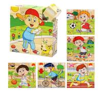 Puzzle 3D Cubo di Legno, Contiene 16 Cubi di Legno, per Bambini dai 3 anni in su, Puzzle con Motivi Sportivi 6 in 1, Giocattoli Montessori, Giocattoli Educativi per Bambini e Bambine 12×12 cm