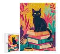 Puzzle 500 PCS Black Cat on Stack of Books Puzzle Per Adulti Puzzle Regalo Di Compleanno Difficile E Sfida Gioco Impegnativo Regali 500 PCS