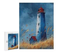 Puzzle 500 PCS Per Adolescenti Watercolor Lighthouse Art Blue Lighthouse with Grasses Calm Coastal Print Puzzle Per Adulti Giochi Rilassanti Decorazione Per La Casa Regali Unici Per Compleanno E Nat