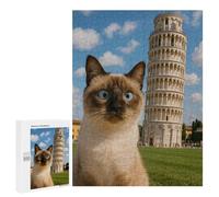 Puzzle 500 PCS Siamese Cat with Leaning Tower Puzzle Per Adolescenti Giochi Rilassanti Sfida Difficile Regali Unici Per Compleanno E Natale 500 PCS