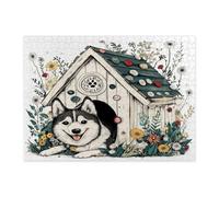 Puzzle a forma di cane husky primaverile, per adulti, 500 pezzi, divertenti puzzle in legno per cuccioli di fiori, decorazione per la casa