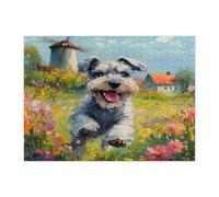 Puzzle a forma di cane Schnauzer primaverile, per adulti, 500 pezzi, puzzle in legno con cuccioli di giardino di campagna, divertenti decorazioni floreali per l'intrattenimento domestico