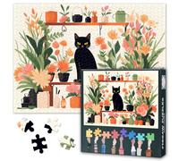 Puzzle a forma di gatto nero per adulti - Puzzle con fiori fioriti da 1000 pezzi, arte botanica, puzzle di famiglia sfidante (70 x 50 cm), accessori unici per la casa