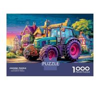 Puzzle a forma di trattore nel villaggio, 1000 pezzi, stile cartone animato, puzzle per famiglia, con ulteriori sfide divertenti, 100% cartone riciclato per adulti, 70 x 50 cm, 1000 pezzi