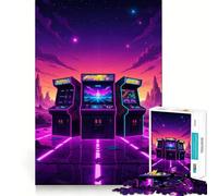 Puzzle a incastro con motivo cabinati arcade retrò in paesaggio al neon per adolescenti, 1000 pezzi, sfida mentale, divertimento rilassante, taglio preciso, regalo festivo (38x52cm)