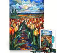 Puzzle a vetrata con campo di tulipani per ragazzi, 1000 pezzi, rafforza la memoria, antistress, bordi lisci, regalo di Natale 38x52cm