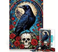 Puzzle a vetrata con corvo su teschio e rose, 1000 pezzi, gioco di logica e abilità, rilassante, taglio preciso, regalo perfetto (38x26cm)