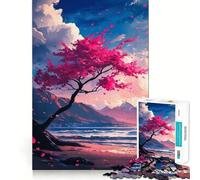 Puzzle "Albero in fiore rosa in riva al mare" da 1000 pezzi per adulti, gioco di logica e logica per il tempo libero, bordi lisci, regalo stagionale (38x26cm)