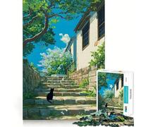 Puzzle anime con gatto nero su gradini di pietra per adulti,1000 pezzi,gioco di memoria e allenamento per la mente,taglio preciso,finitura di alta qualità,un modo coinvolgente per passare il tempo