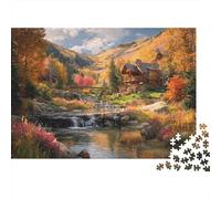 Puzzle Autumn Cabin by A Waterfall 1000 Pezzi Per Adulti E Ragazzi, Collection, Idea Regalo Uomo E Donna, Scenery,52x38cm/1000pcs