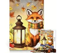 Puzzle autunnale con volpe, lanterna e zucche per adulti, 1000 pezzi, stimolante per la mente, facile da completare e rilassante, ideale come regalo di compleanno (38x52cm)