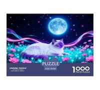 Puzzle Birman Cat 1000 Pezzi Per Bambini E Adulti, Puzzle Con Full Moon Flower Bush, Difficile Sfida, Idea Regalo 70x50cm/1000pcs
