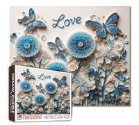Puzzle blu con bouquet di dente di leone e fiori, 1000 pezzi, per adulti, bella foglia di farfalla, piante, relax, attività di intrattenimento, perfetto per serate di gioco in famiglia, regalo unico