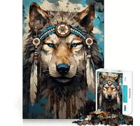 Puzzle Boho con lupo ad acquerello,1000 pezzi per adolescenti,stimolante per la mente,divertente,senza spazi vuoti,incastro perfetto,piacevole svago per interni accoglienti (38x26cm)