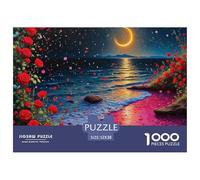 Puzzle carta riciclata adulti 1000 pezzi Sentiero Rose Rosse Luna Mare, ultra difficile, gioco familiare sfida antistress 52x38cm