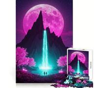 Puzzle Cascata al neon sotto la luna rosa per adolescenti, 1000 pezzi, gioco per allenare la mente, attività artistica da fare a casa, (38x52cm)