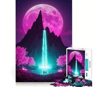 Puzzle Cascata al neon sotto la luna rosa per adolescenti, 1000 pezzi, gioco per allenare la mente, attività artistica da fare a casa, (38x52cm)