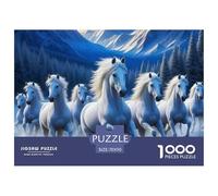 Puzzle Cavallo 1000 pezzi gioco - Cavalli bianchi, nebbia montana, gioco familiare, 70x50 cm