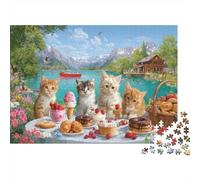Puzzle Classico Da 1000 Pezzi Cats Per Adulti, Cartone Resistente, A Delightful Picnic Scene with Curious Cats by The Lake Regalo Antistress Per La Casa, 70x50cm/1000pcs