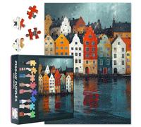 Puzzle colorato con bordo d'acqua norvegese, 1000 pezzi, per adulti, scena del villaggio norvegese, dettagli vivaci, ideale per gli appassionati di puzzle, dimensioni finite: 70 x 50 cm
