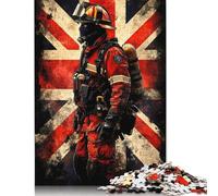 Puzzle con bandiera del Regno Unito raffigurante un vigile del fuoco, livello difficile, in cartone riciclato al 100%, per donne e uomini, regalo per la festa del papà, 1000 pezzi (75x50 cm).
