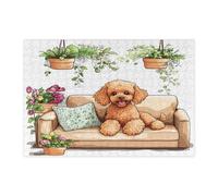 Puzzle con cane barboncino primaverile, per adulti, 300 pezzi, divertenti puzzle in legno stampato con piante in vaso, decorazioni per divano e animali domestici, per feste di intrattenimento