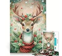 Puzzle con cervo ad acquerello,bacche e sciarpa,1000 pezzi,gioco di concentrazione mentale,tagli di precisione,bordi lisci,gioco significativo per costruire connessioni (38x52cm)