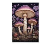 Puzzle con due funghi viola nel bosco. Puzzle in legno per adulti e bambini, decorazioni impegnative
