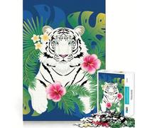 Puzzle con foglie tropicali e tigre bianca,1000 pezzi,divertente e stimolante per la memoria,di qualità professionale,ideale come regalo per chi ama stimolare la mente (50x75cm)