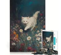 Puzzle con gatto bianco in un campo di fiori,1000 pezzi,gioco cognitivo divertente,taglio di alta precisione, alleviare lo stress (50x75cm)