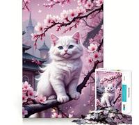 Puzzle con gatto bianco tra i fiori di ciliegio (Sakura),1000 pezzi facili da assemblare,senza sbavature,con taglio netto,portatile e ideale per i viaggi (38x26cm)
