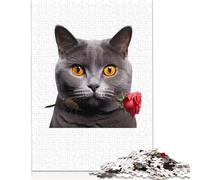 Puzzle con gatto certosino e rosa rossa, decorazione unica per la casa, puzzle in cartone riciclato al 100%, regalo per adulti e bambini, 1000 pezzi (26x38 cm)